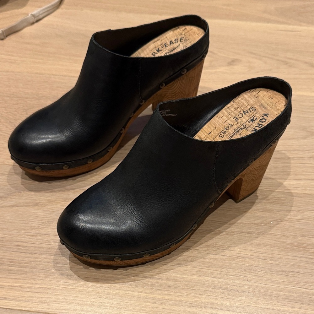 Kork-Ease Black Leather Mules with Wooden Heel